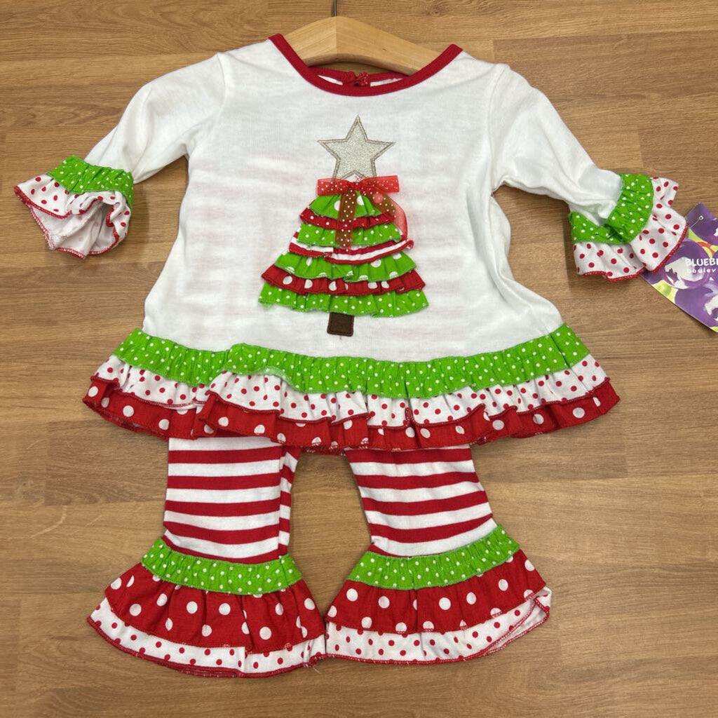 NWT Blueberi Holiday Tree Ruffle LS Top & Pants Set 12m
