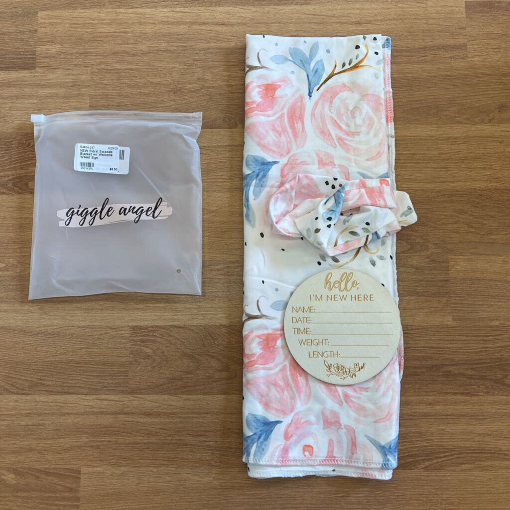 NEW Floral Swaddle Blanket w/ Welcome Wood Sign