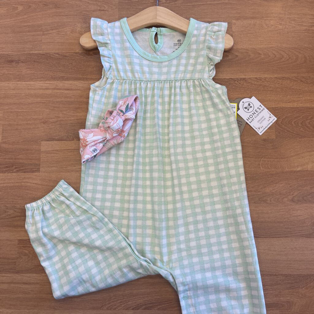NWT Honest Coverall Checkered W/Headband 18m