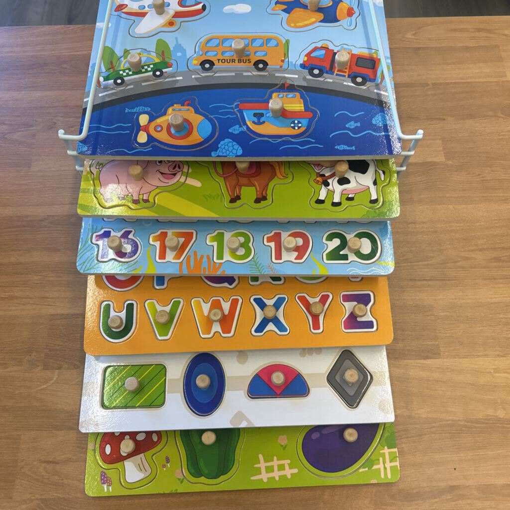 6 Wood Puzzle Set w/ White Wire Rack Included