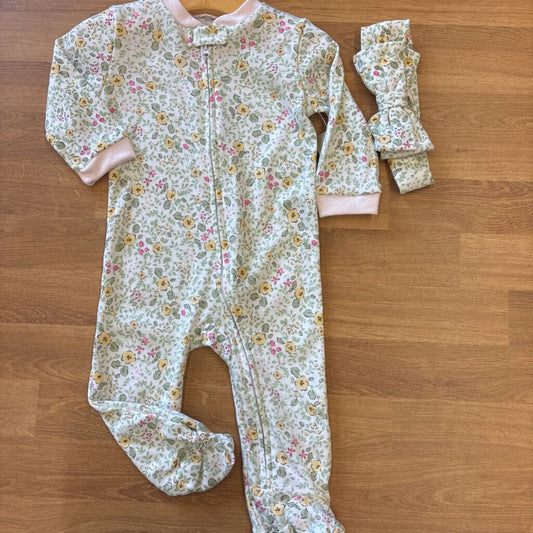 NWT Chick Pea Floral Zip Sleeper w/ Headband - 6/9m