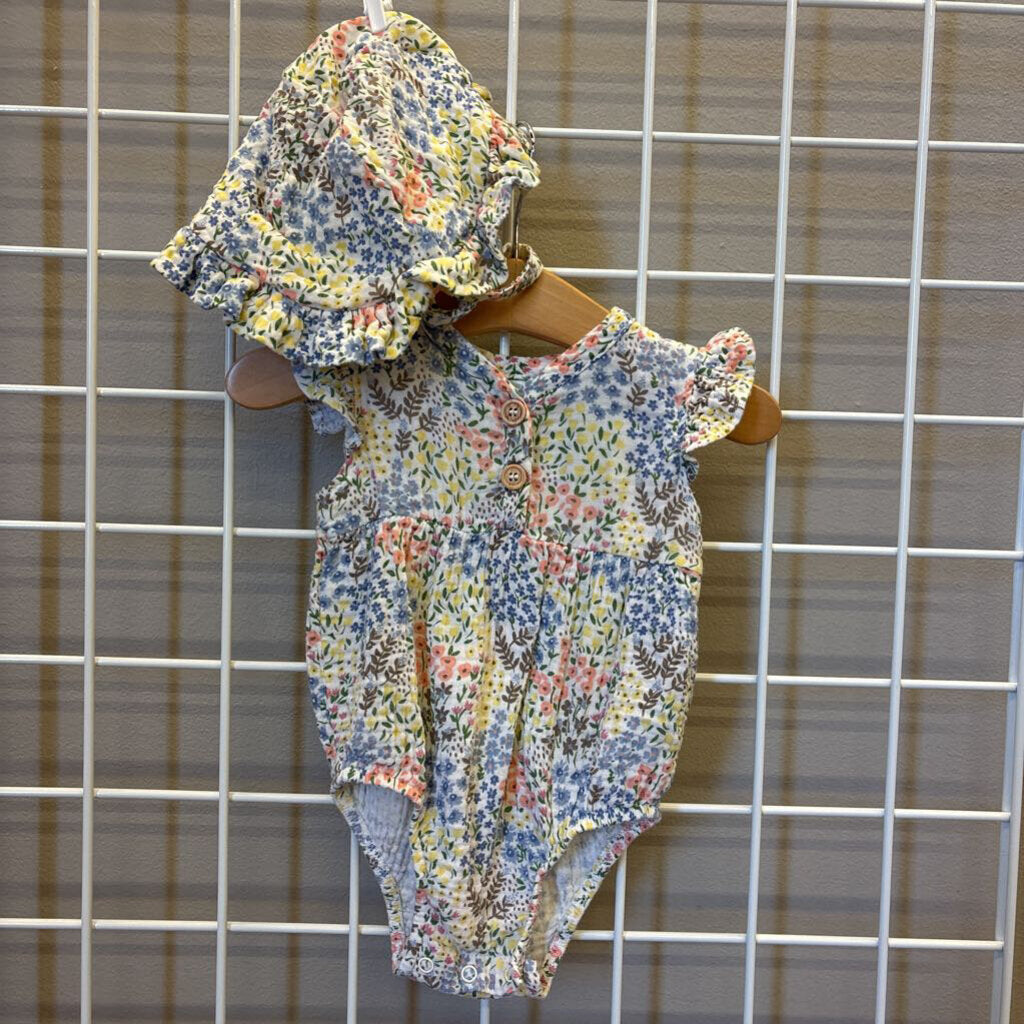 Charlotte & Star Floral SS Bodysuit w/ Hat - 6/9m