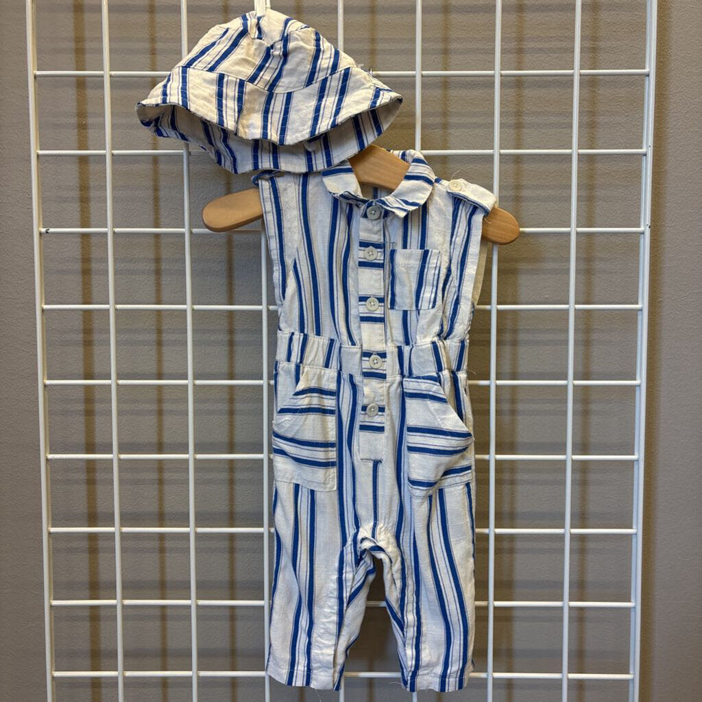 Jessica Simpson Striped Linen Romper & Hat Set - 3/6M
