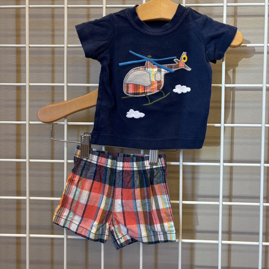 Carters Helicopter SS Top/ Plaid Shorts Set 3m