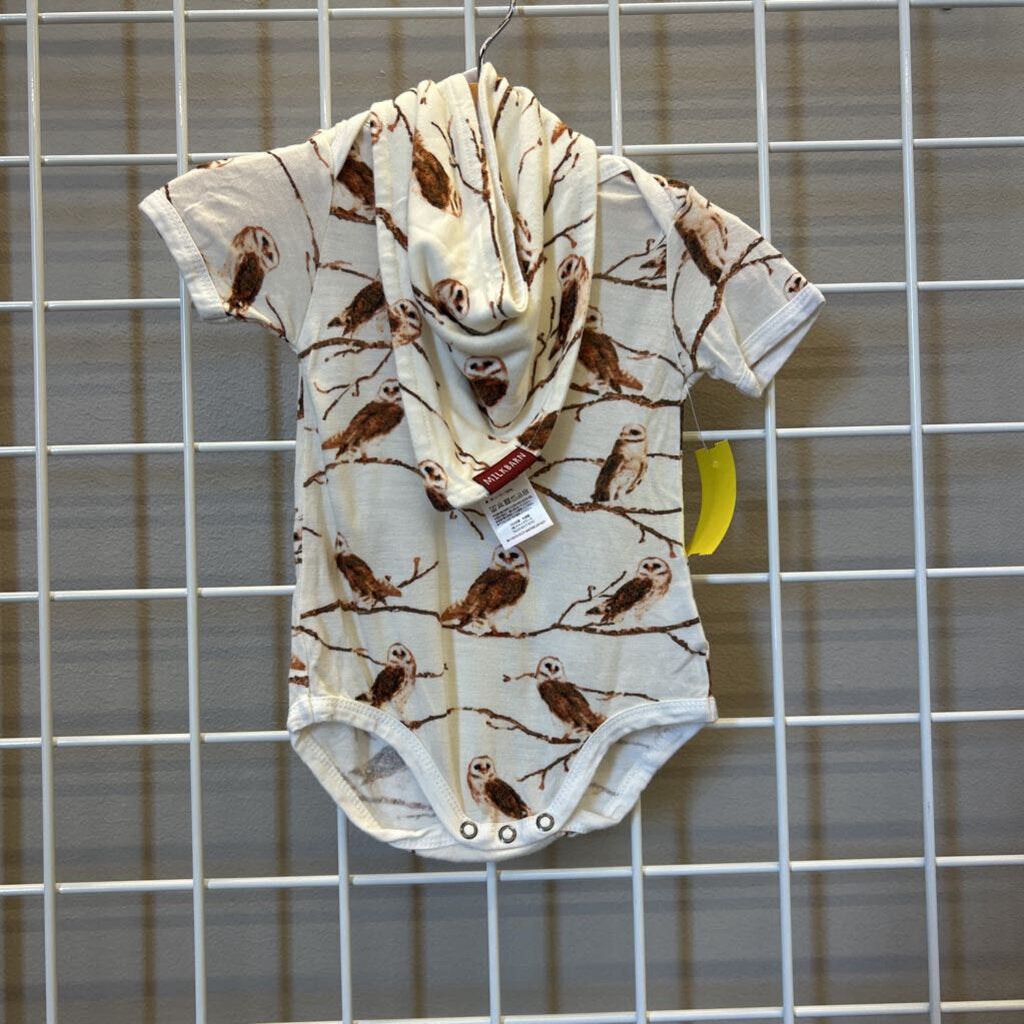 Milkbarn Bamboo Owl SS Onesie w/ Bib - 3/6m