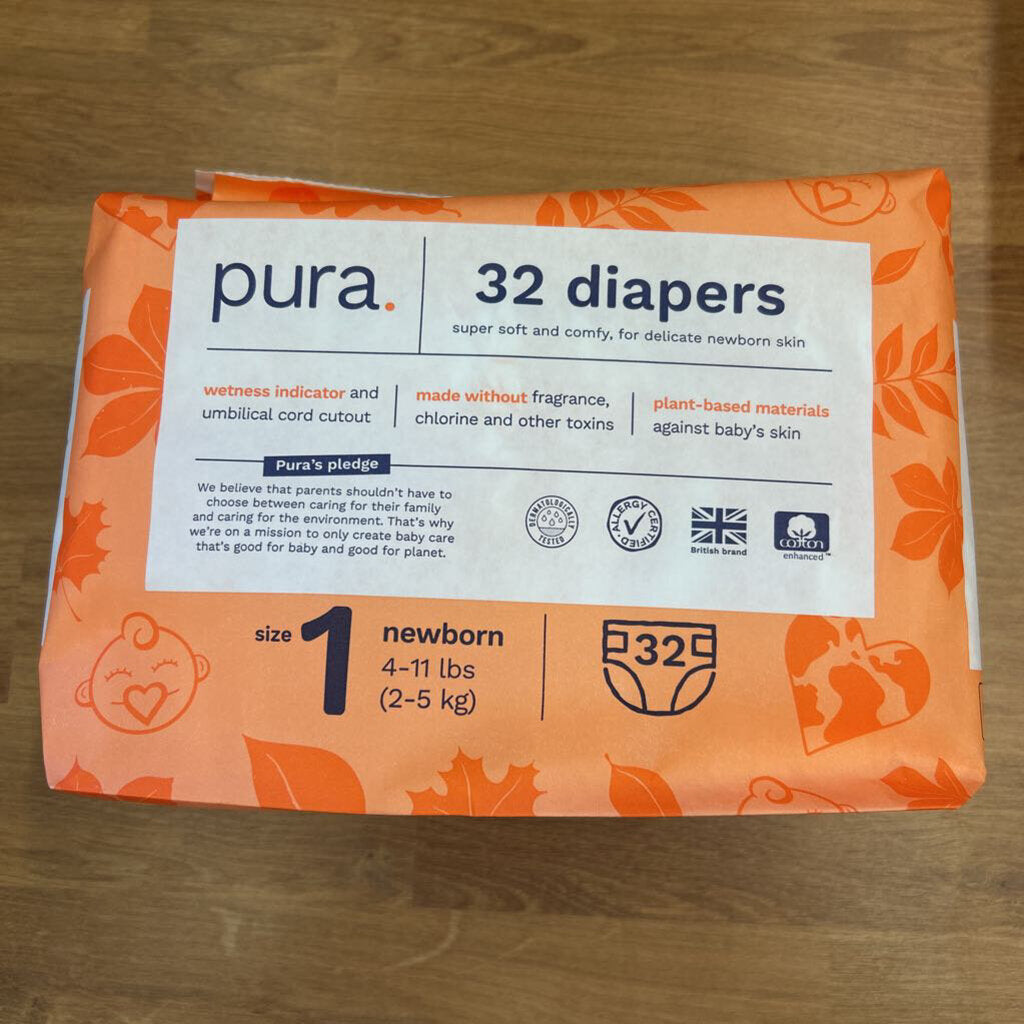 Pura Diapers 32 Count - Size 1 / NB