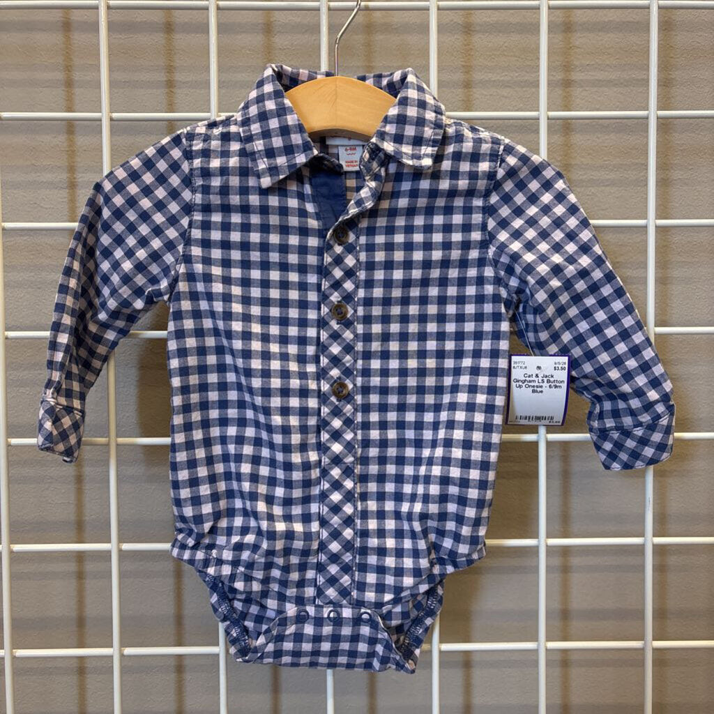 Cat & Jack Gingham LS Button Up Onesie - 6/9m
