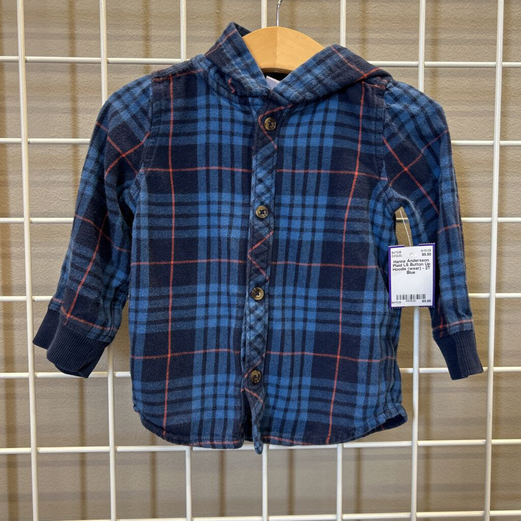 Hanna Andersson Plaid LS Button Up Hoodie (wear) - 2T