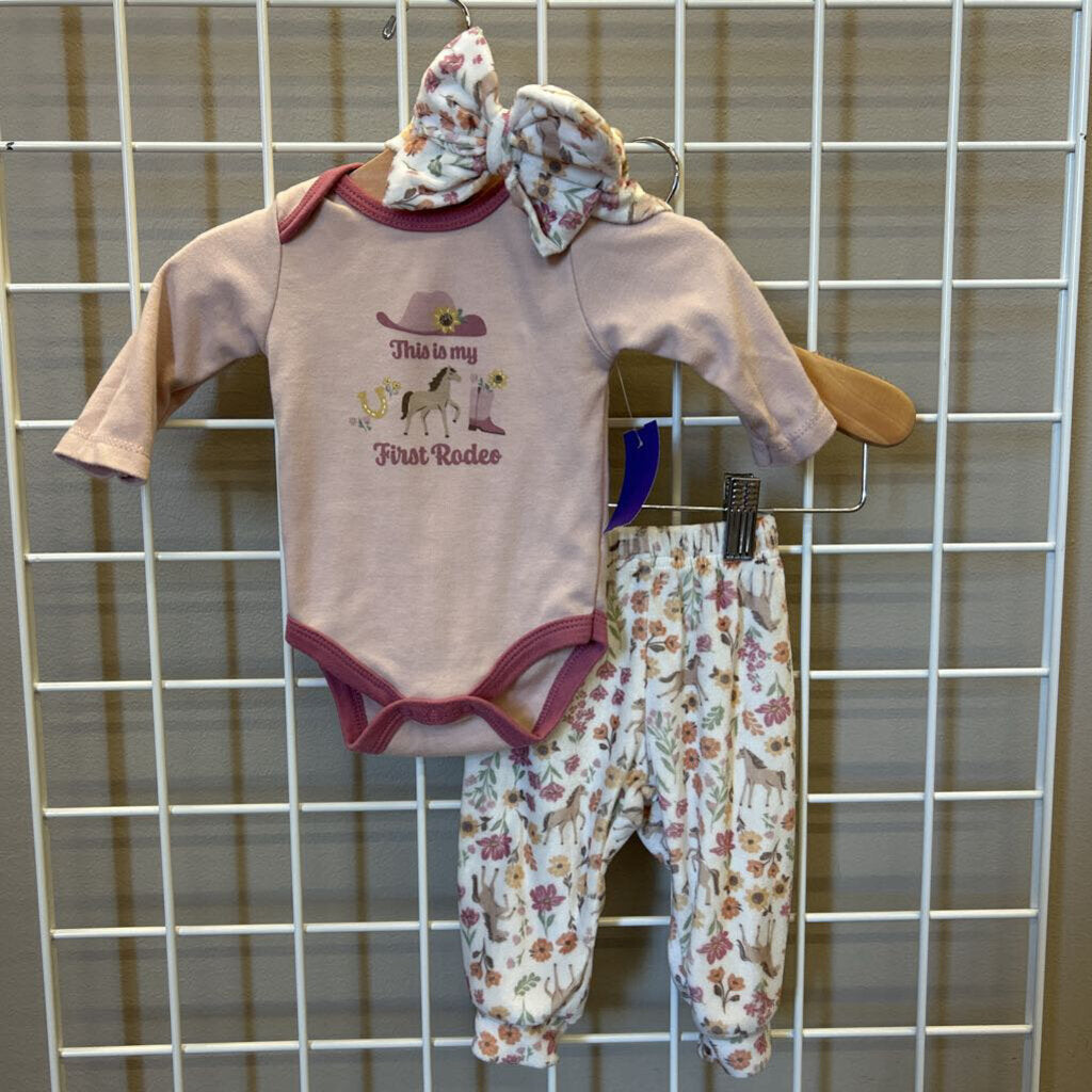 Chick Pea First Rodeo LS Onesie/Pant Set W/Headband 0/3m