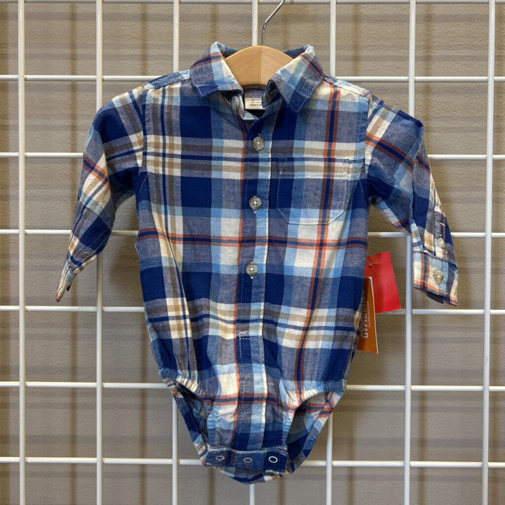 NWT Gymboree Plaid LS Button Up Onesie - 3/6m