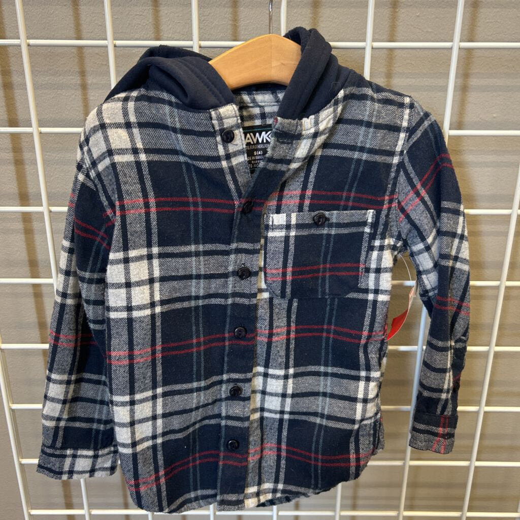 Hawk Plaid LS Button Up Hoodie - 4T