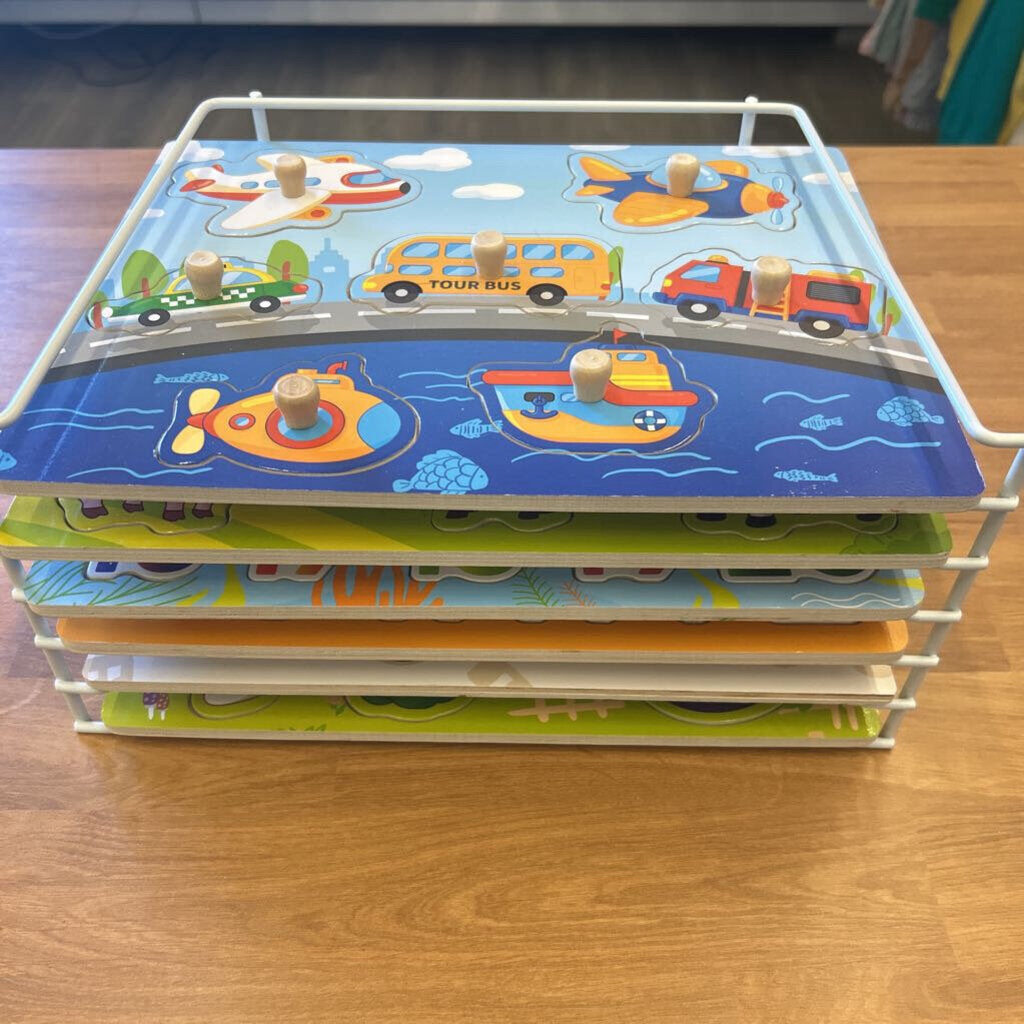 6 Wood Puzzle Set w/ White Wire Rack Included