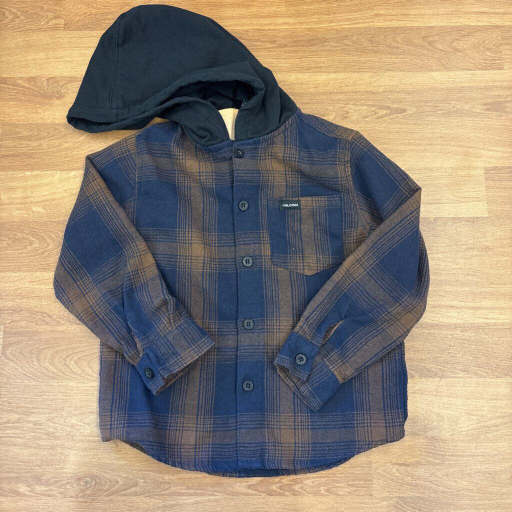 Volcom Plaid LS Button Up Hoodie Top - 3T