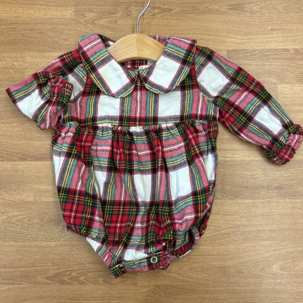 Hanna Andersson Plaid LS Bubble Romper - 6/12m