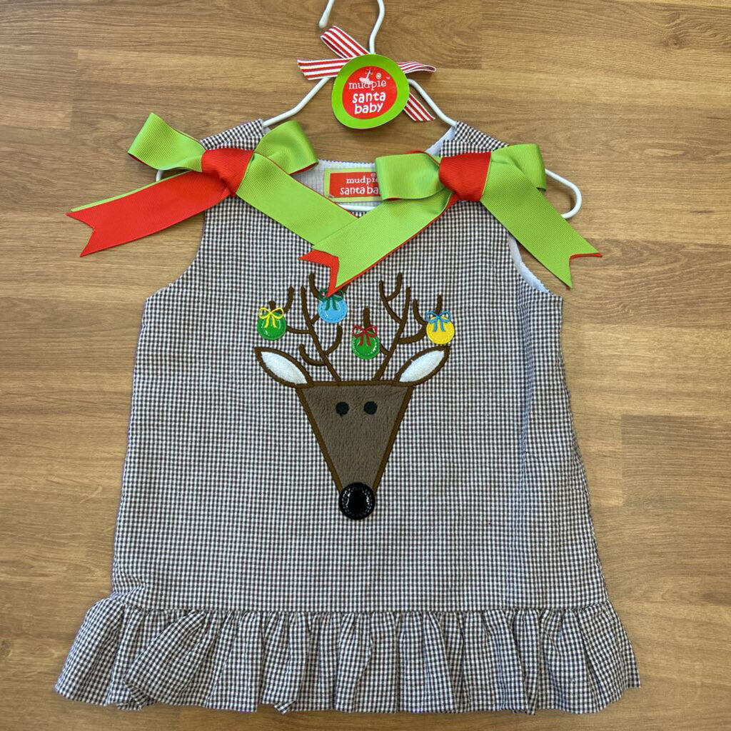 NWT Mudpie Reindeer Gingham Dress - 0/6m