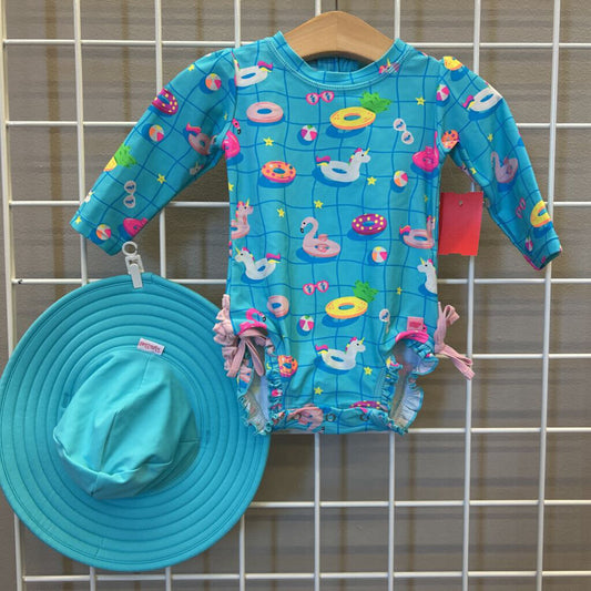 Ruffle Butts Floaty LS One PC Swimsuit w/Hat 6/12m