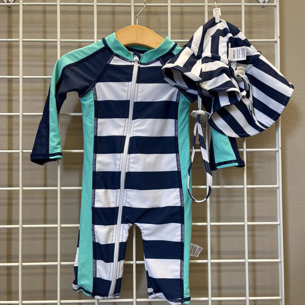 Unbranded Stripe LS One Pc Swim w/ Hat - 3/6m
