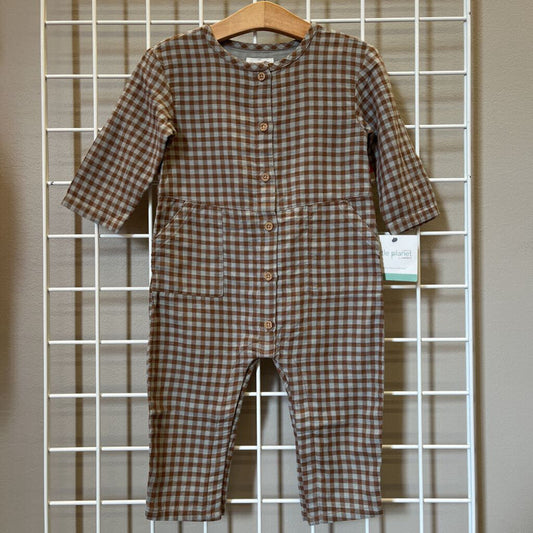 NWT Little Planet Gingham LS Romper - 18m