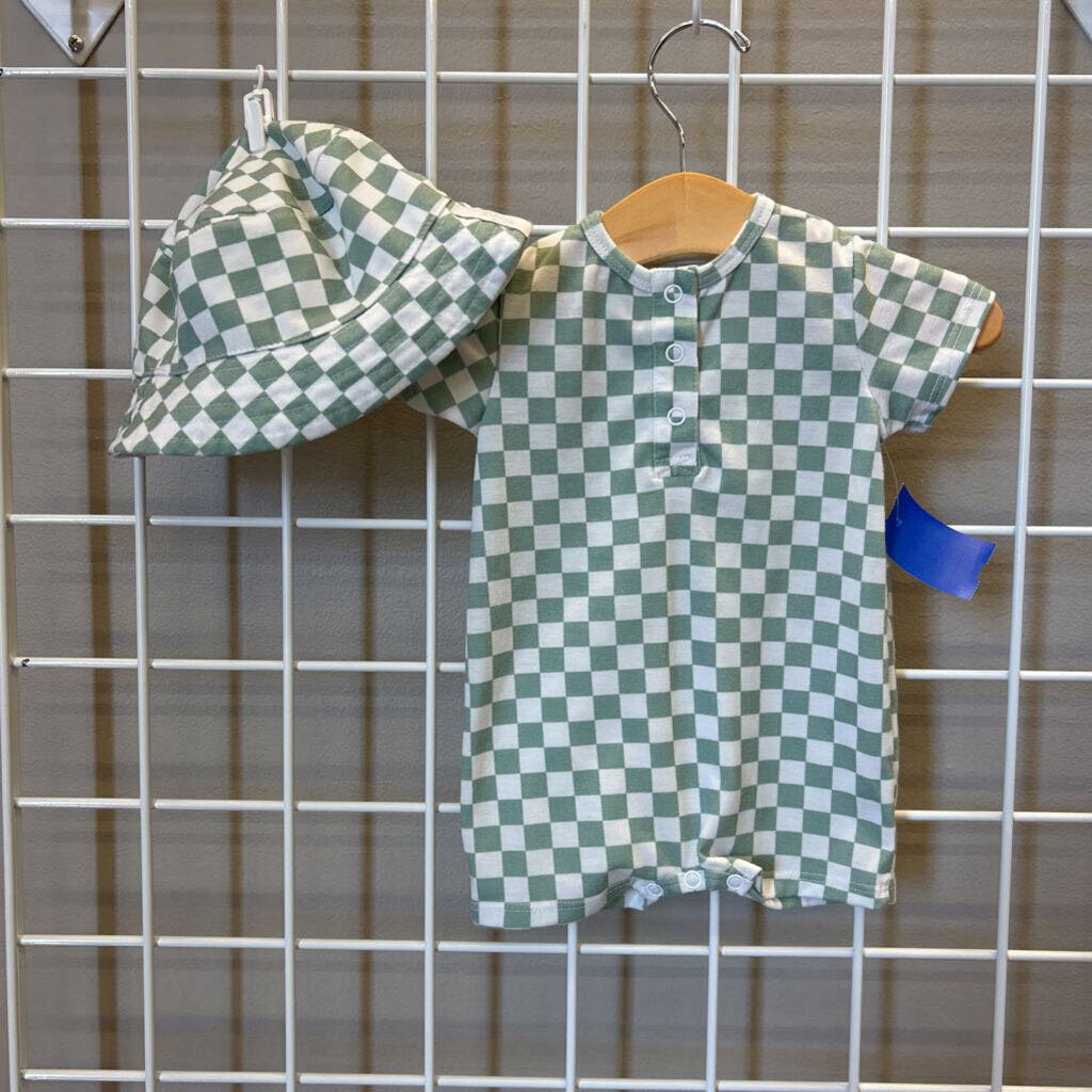 Toby Baby Check Short Romper w/ Hat - 3/6m