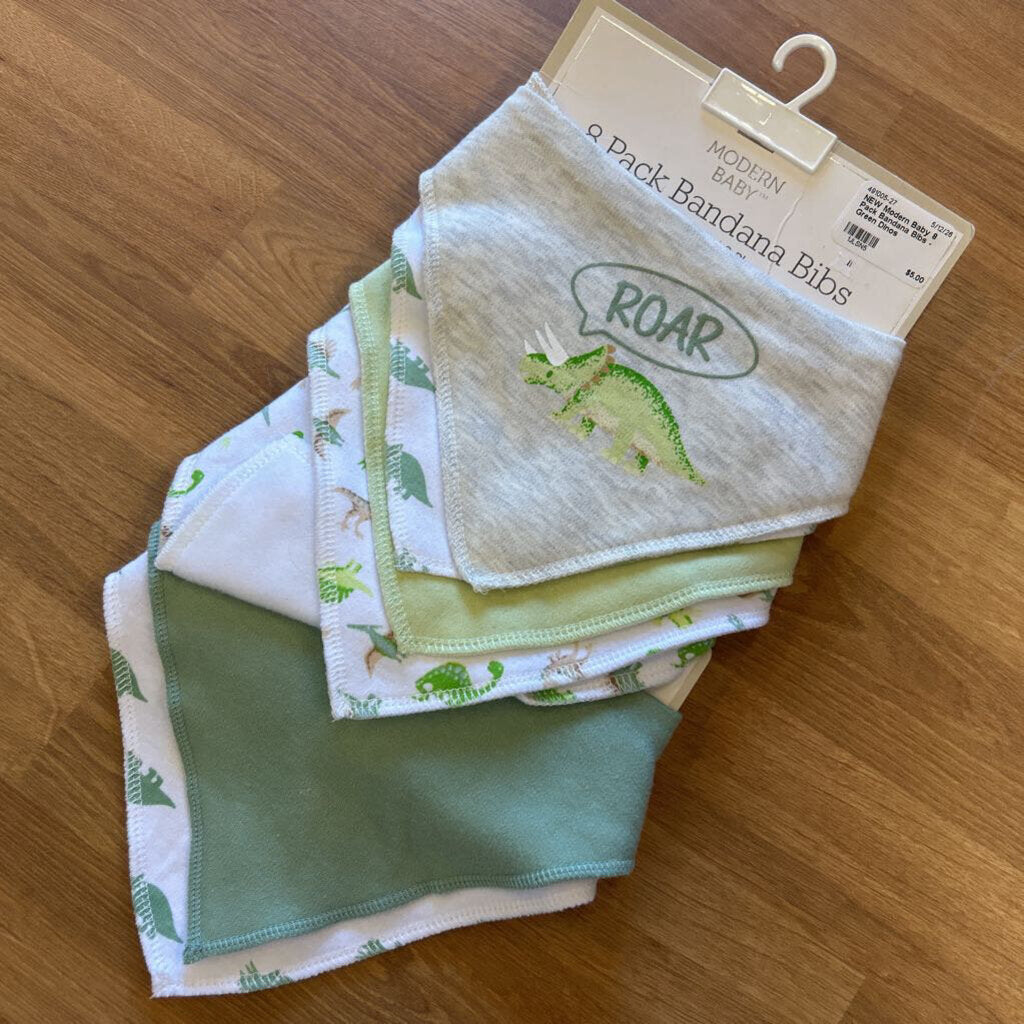 NEW Modern Baby 8 Pack Bandana Bibs - Green DInos