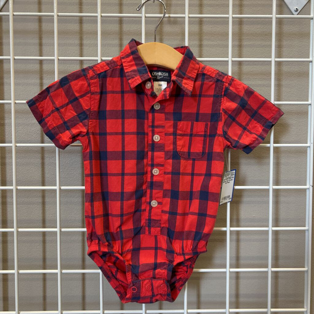 Osh Kosh Plaid SS Button Up Onesie - 9m