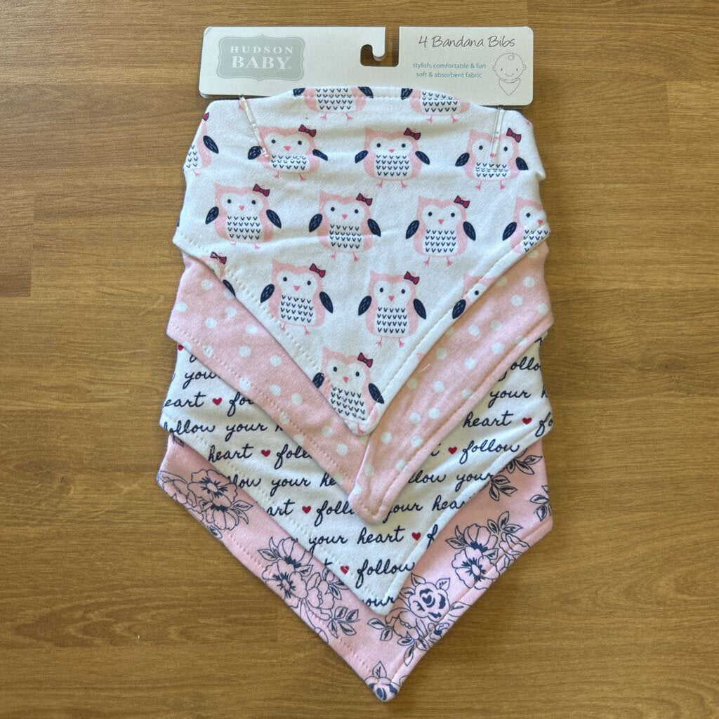 NEW Hudson Baby 4 Bandana Bibs - Pink Owl