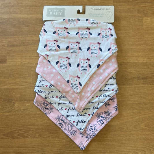 NEW Hudson Baby 4 Bandana Bibs - Pink Owl