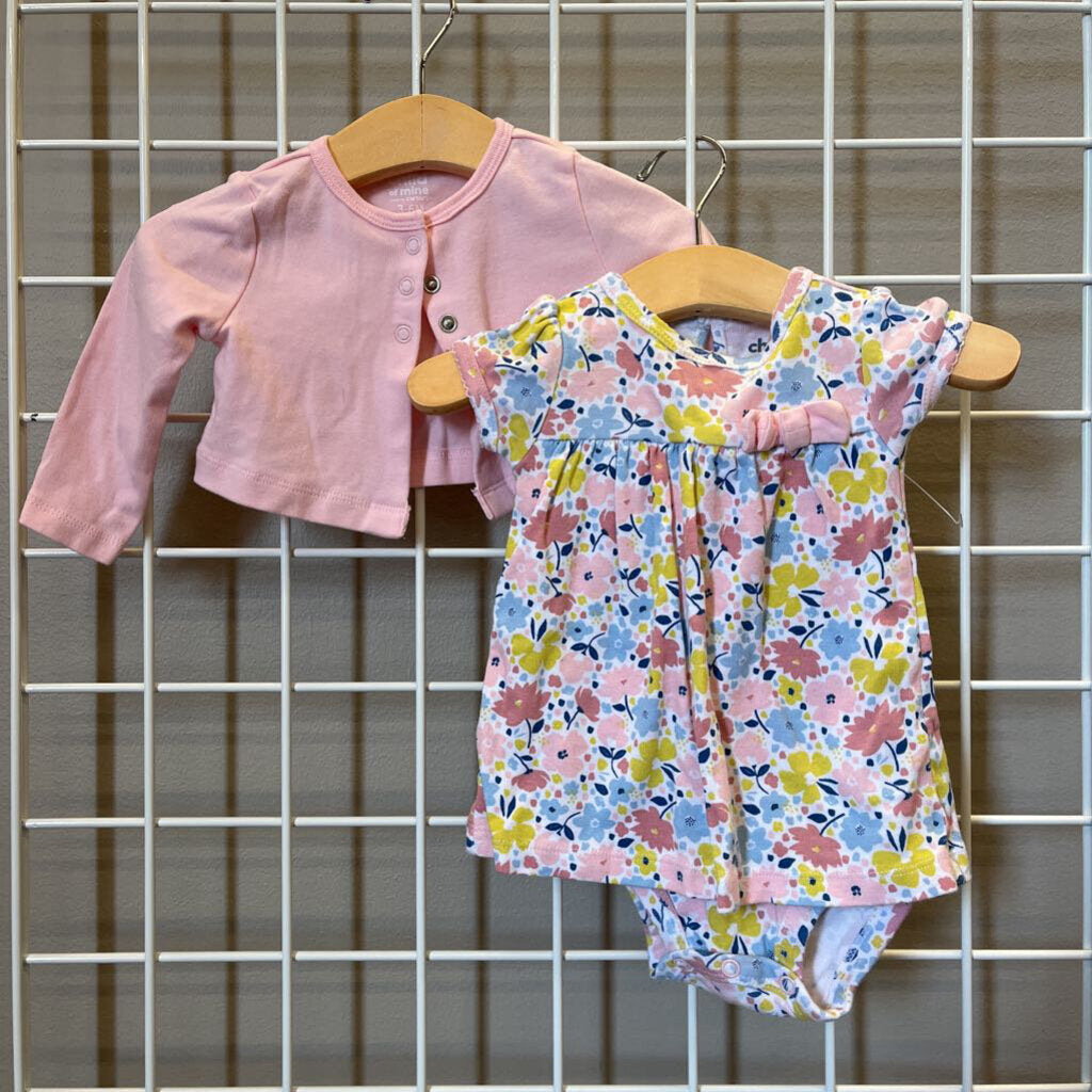 Carter's Flower SS Bodysuit Dress w/ Cardigan - 3/6m