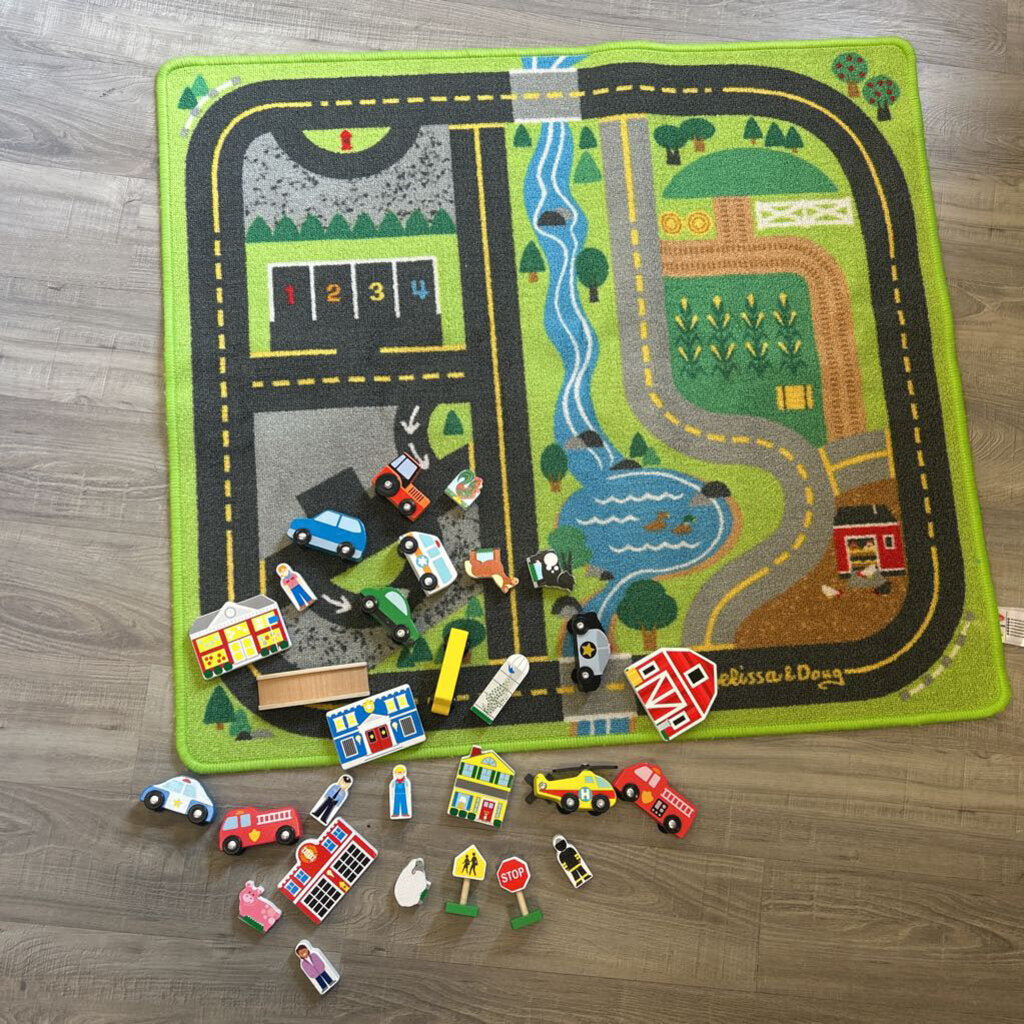 Melissa & Doug Rug w/ Wood Cars Play Set