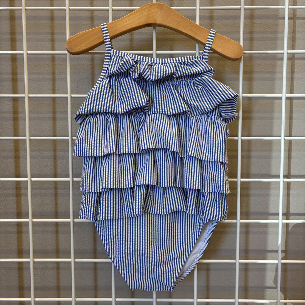 Mini Boden Stripe Ruffle One Pc Swim - 3/4