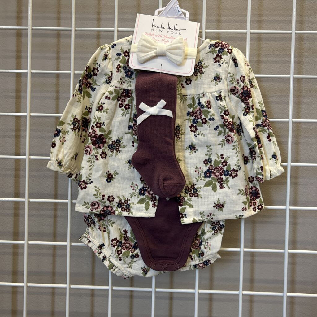 NWT Nicole Miller Floral LS LinenTop/Shorts & Accessories 3/6m