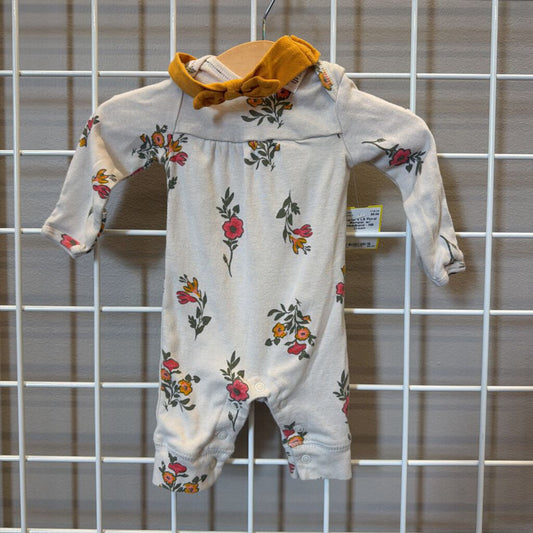 Carter's LS Floral Romper w/ Headband - NB