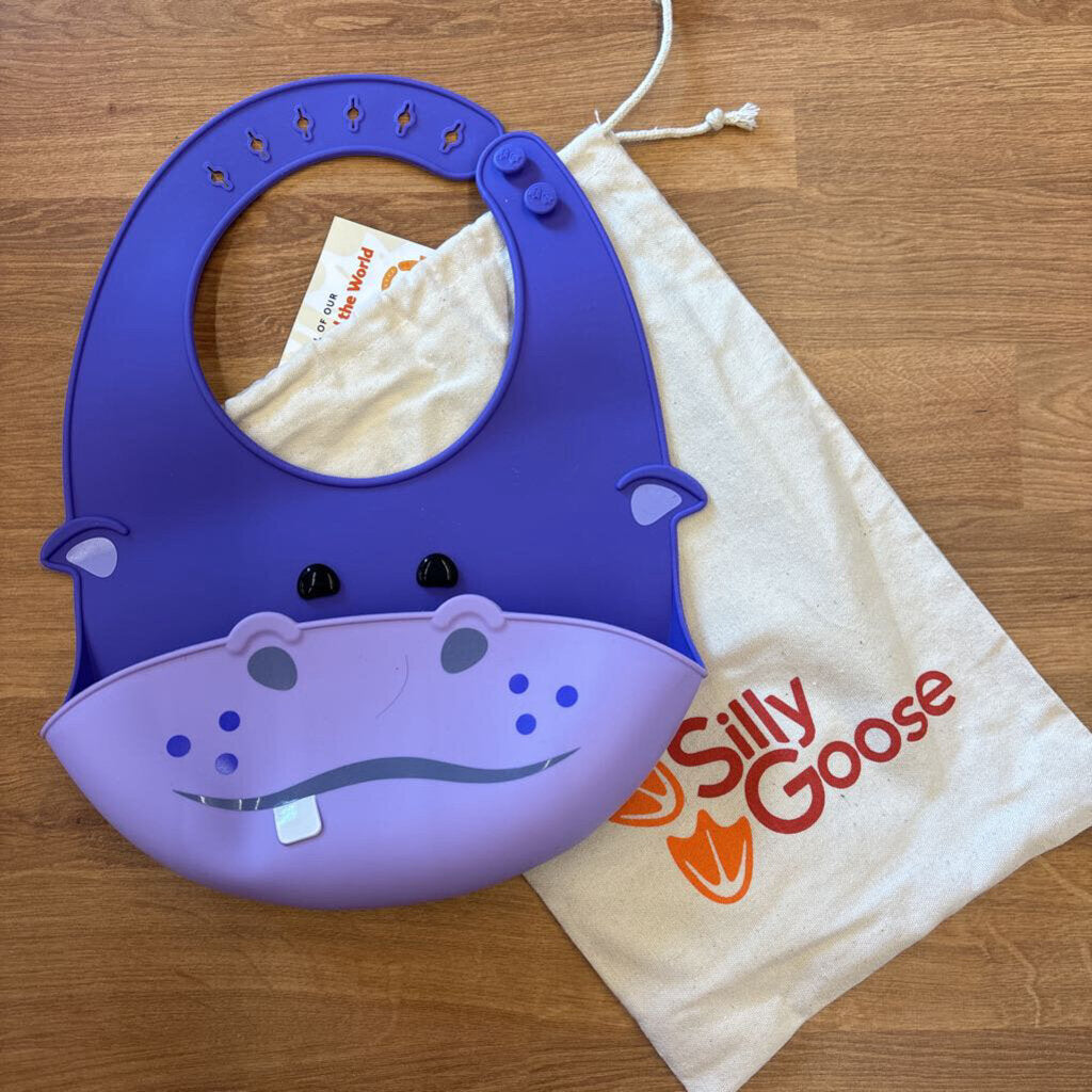 Silly Goose Silicone Bib w/ Travel Bag - Purple Hippo