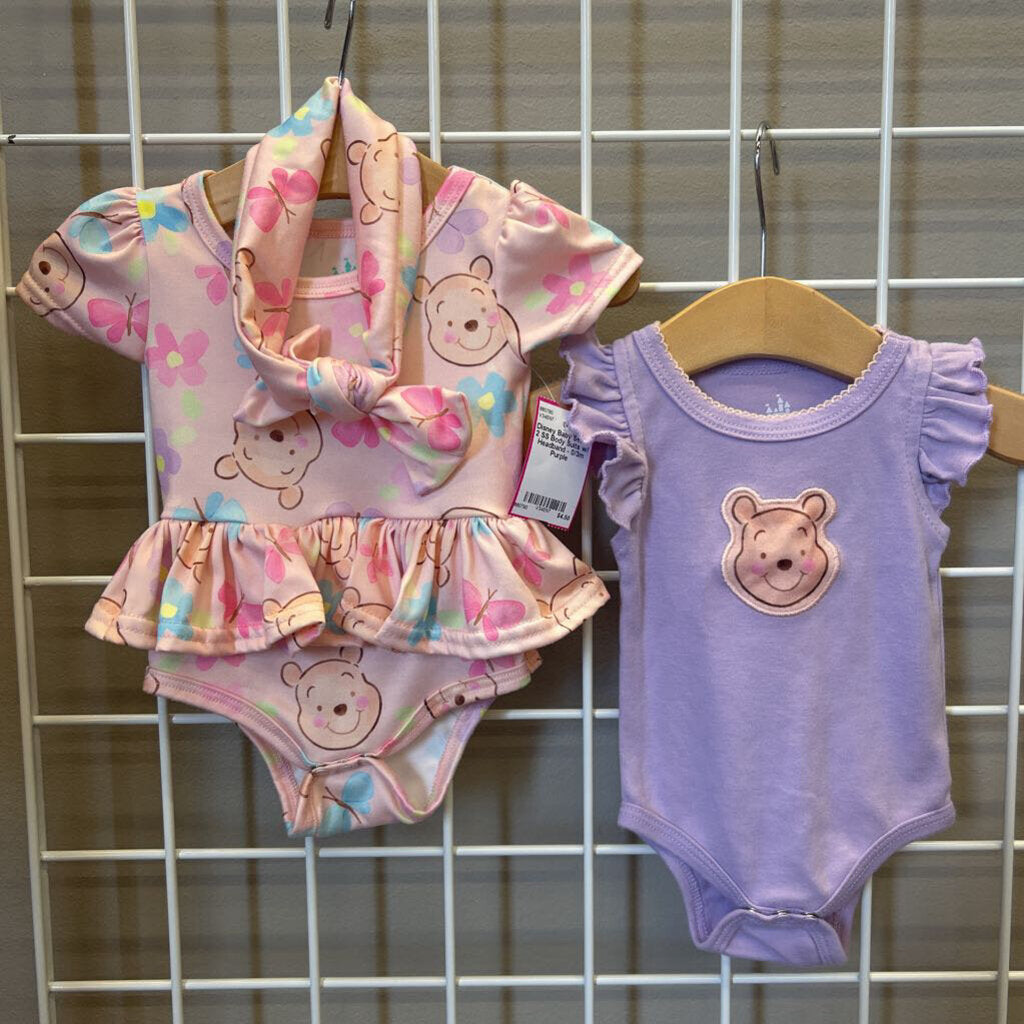 Disney Baby Set of 2 SS Body Suits w/ Headband - 0/3m