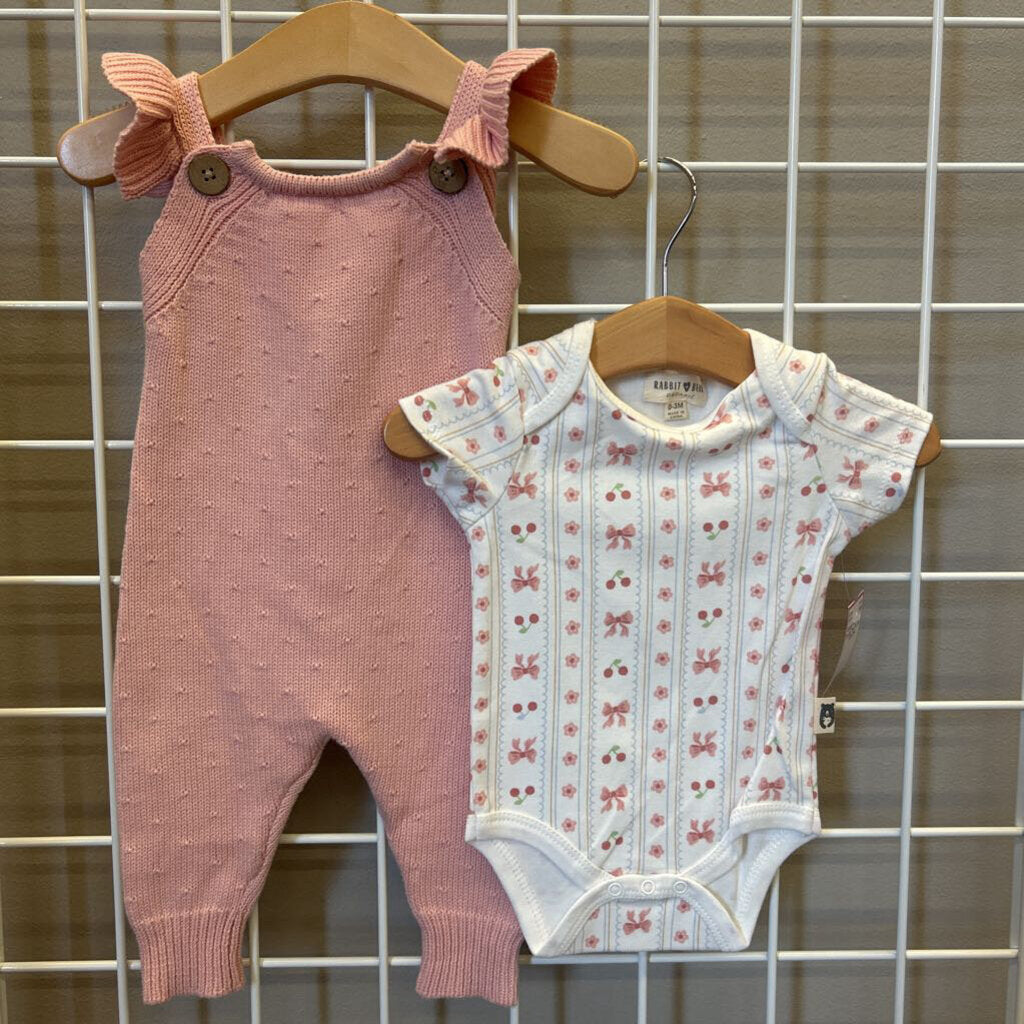 Rabbit + Bear Knit Overall Two Pc Set - 0/3m