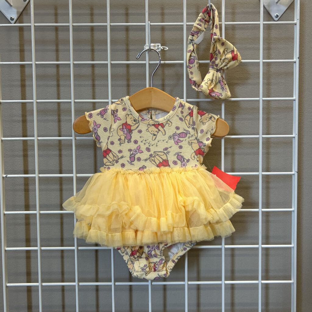 Disney Baby Pooh SS Tulle Bodysuit Dress w/ Headband - 3/6m