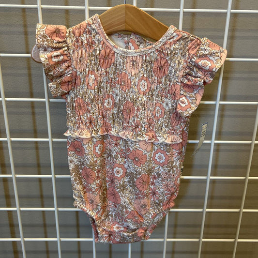 Rabbit + Bear Smocked Floral SS Onesie - 18m