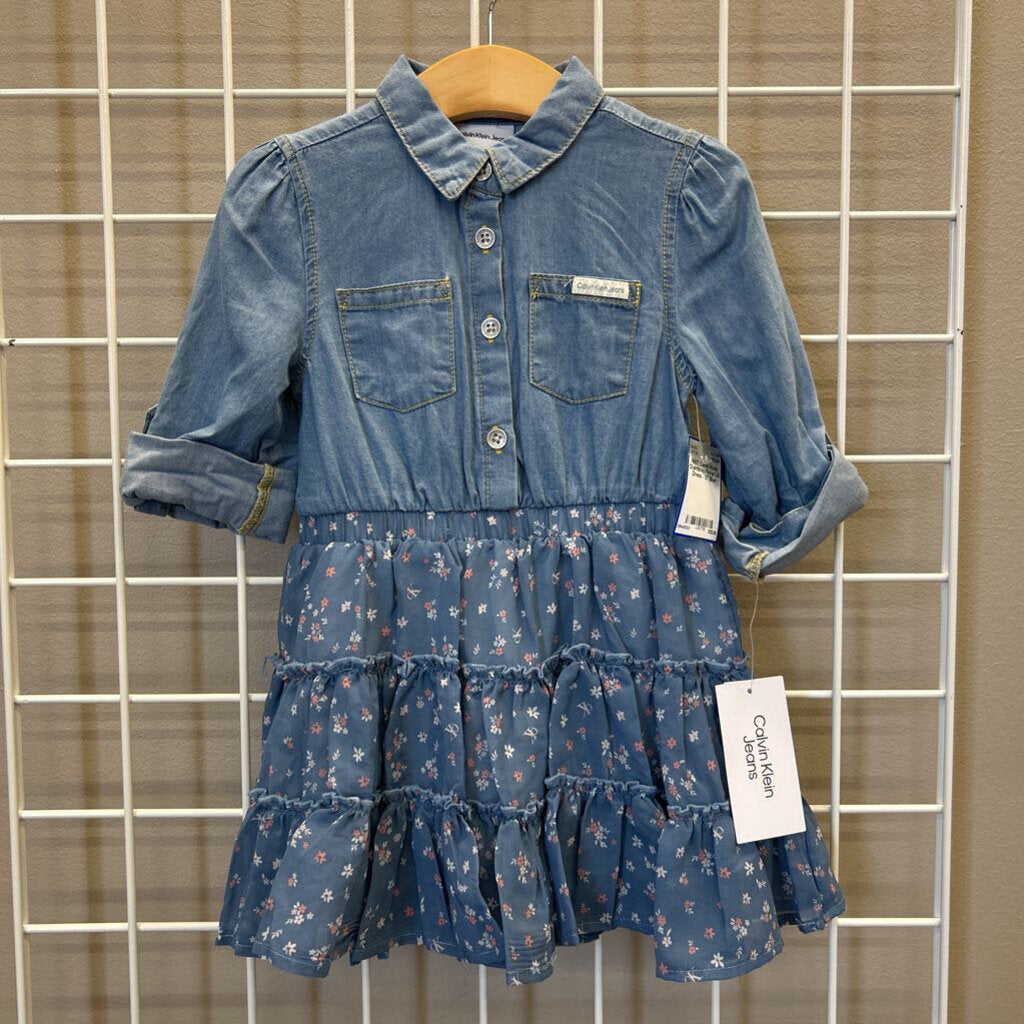 NWT Calvin Klein Chambray Floral LS Dress - 3T